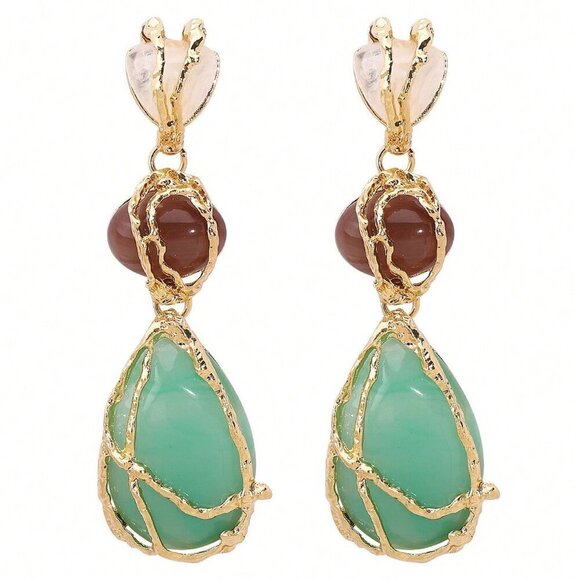 Women's Boho Statement Resin Stone Long Dangle Earrings - Picture 3 of 4